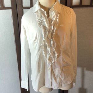 American Eagle White dotted Swiss cotton long sleeve ruffled shirt/Size 10